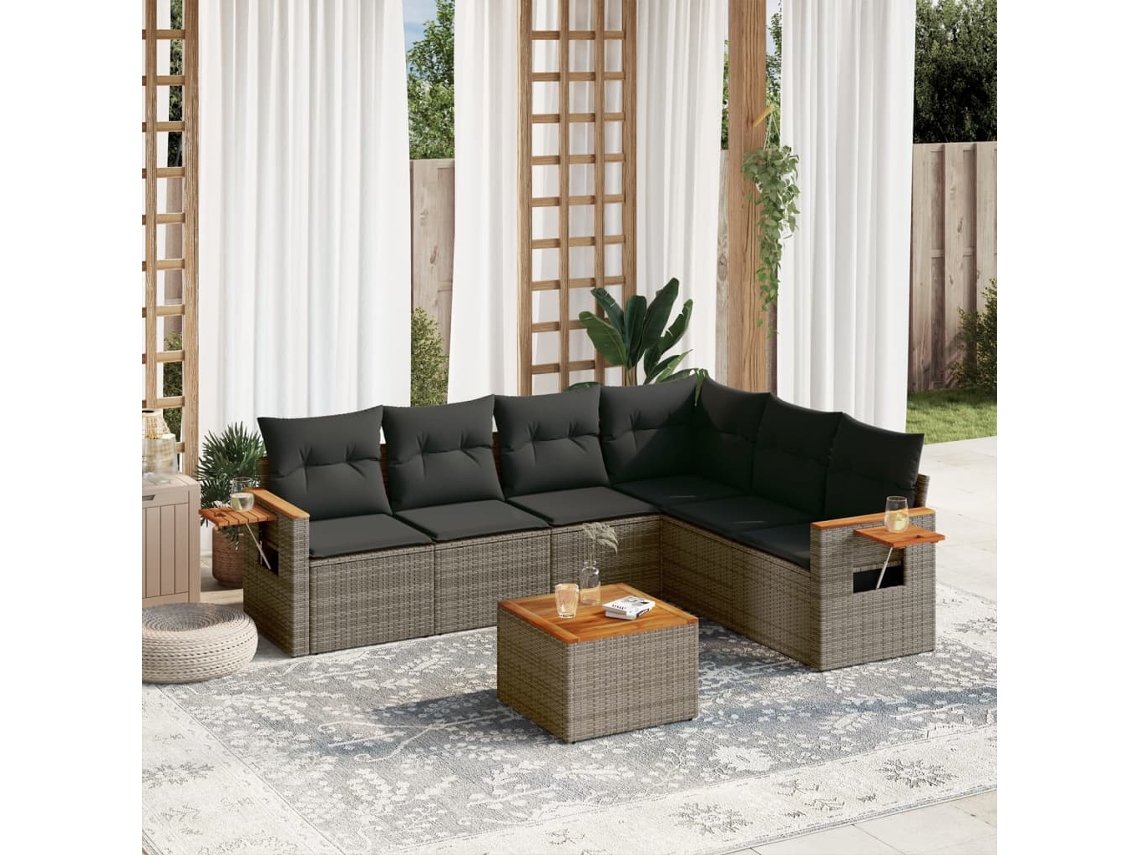 Conjunto de sofá de jardín de 7 piezas con cojines, mimbre gris, DKD Home Decor