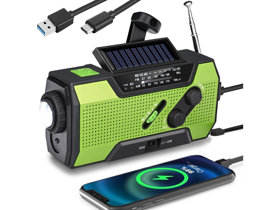 Radio de emergencia manual con energía solar, 2000 mAh, color verde Tommy01