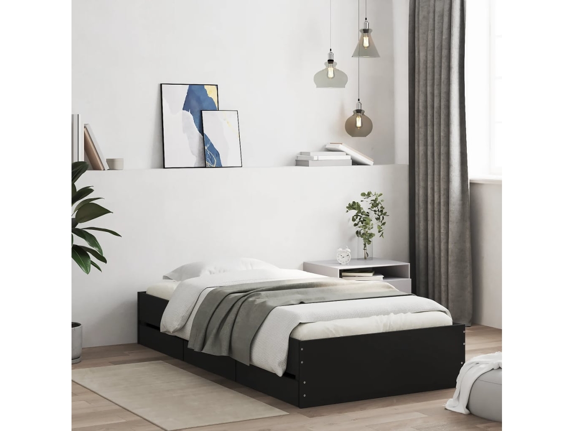 Cama Con Cajones Madera De Ingeniería Negra 90x200 Cm