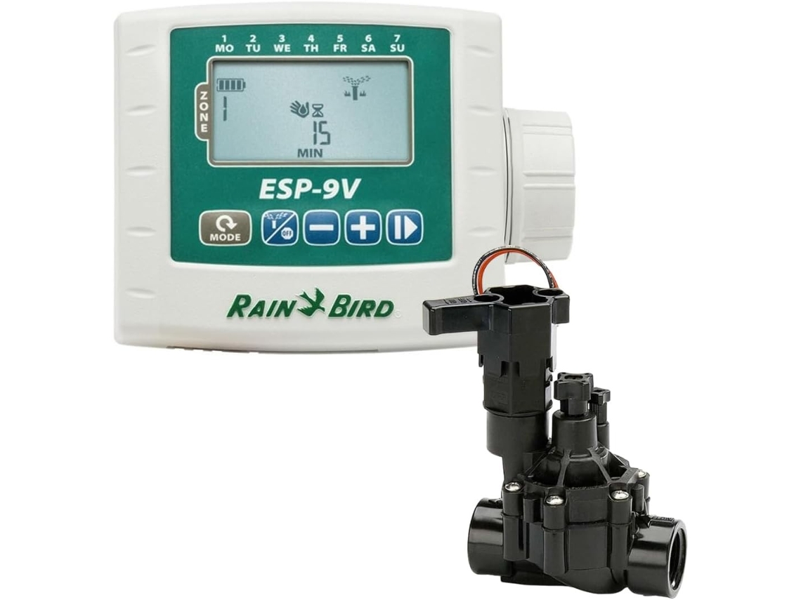 Kit controlador de riego Rain Bird Esp 9v 1 estación con válvula El kit Rain Bird Esp 9v 1 estación con válvula de 9 V es la solución ideal (batería)