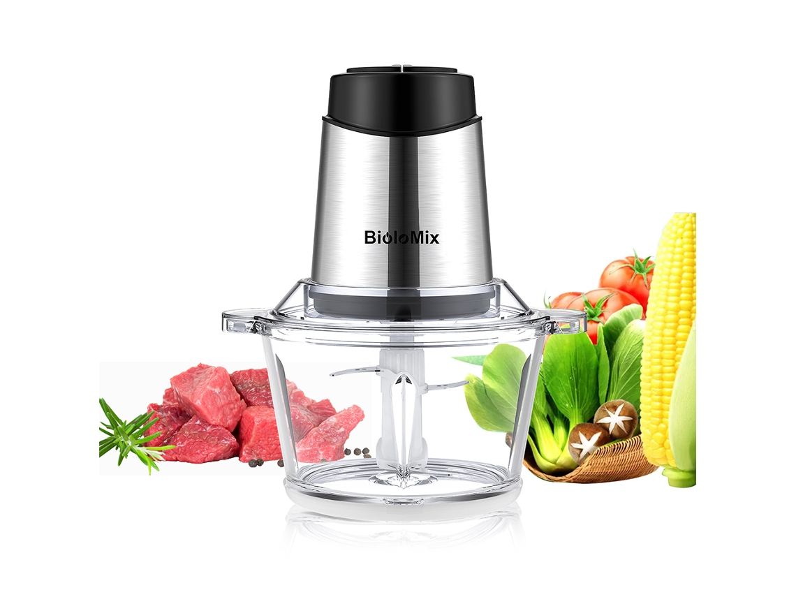Picadora de carne eléctrica BIOLOMIX P6001 500W procesador de alimentos con recipiente de vidrio de 1.8L dos velocidades para verduras cebolla y ajo