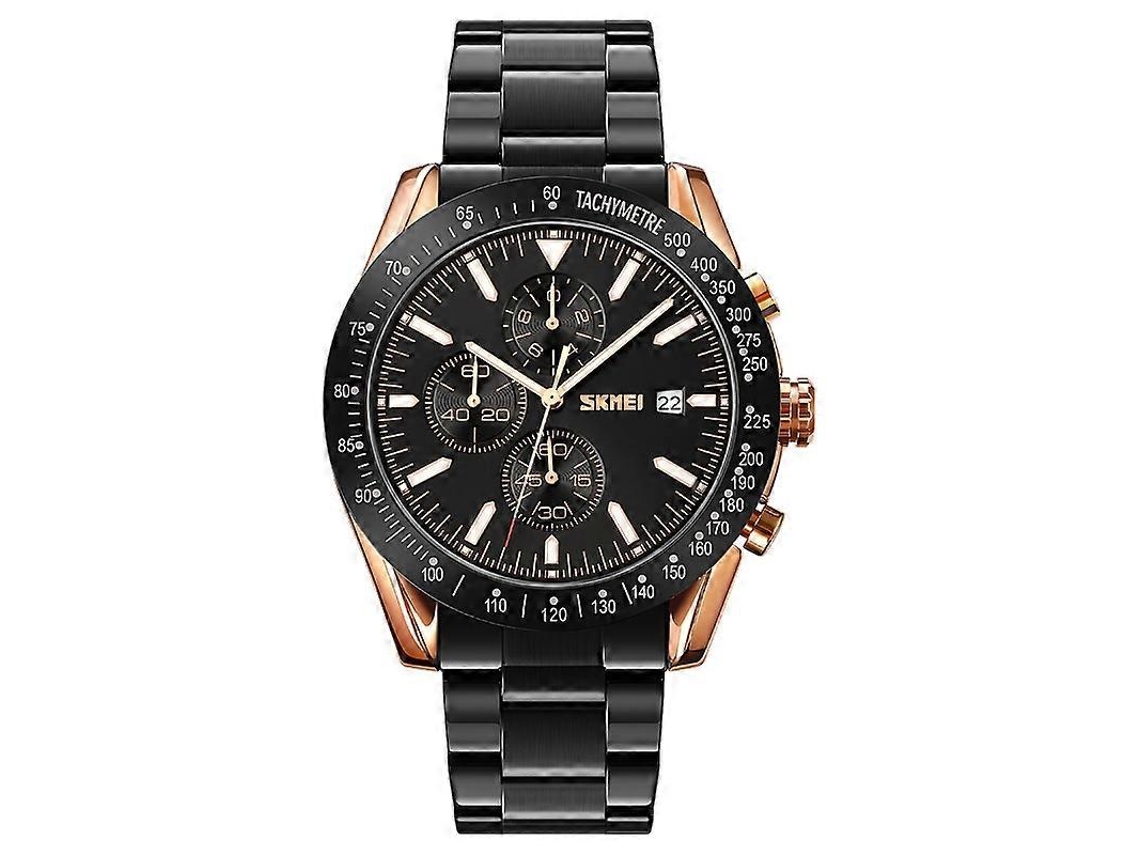 Reloj de cuarzo para hombre Skmei 9253 con cronógrafo, fecha y brazalete de acero inoxidable de seis pasadores.