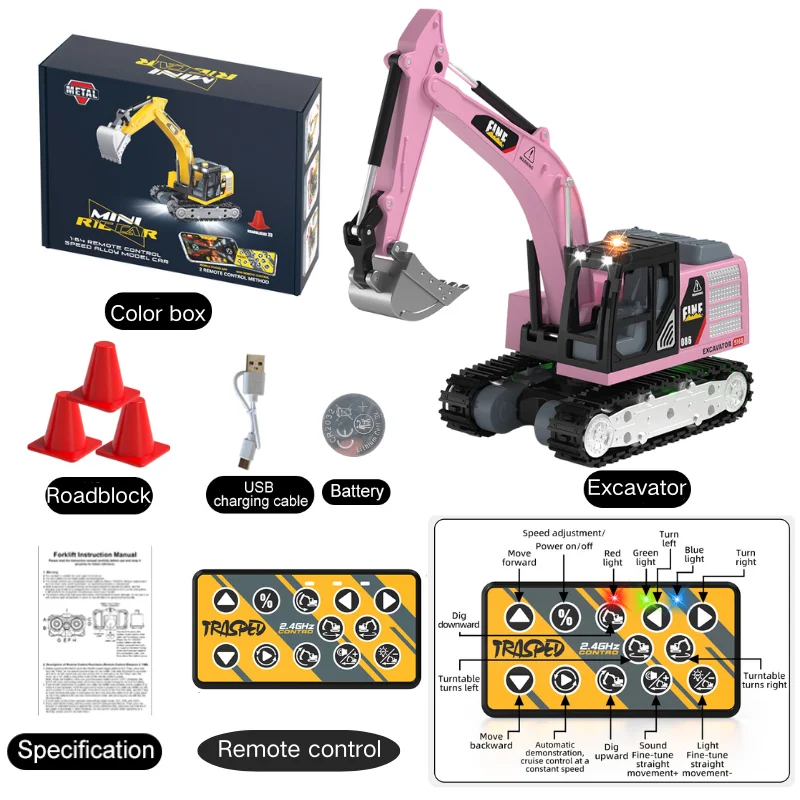 (rosa) Mini Excavadora 1:64, Carcasa De Metal, Con Efectos De Sonido Y Luz, Altura Regulable.