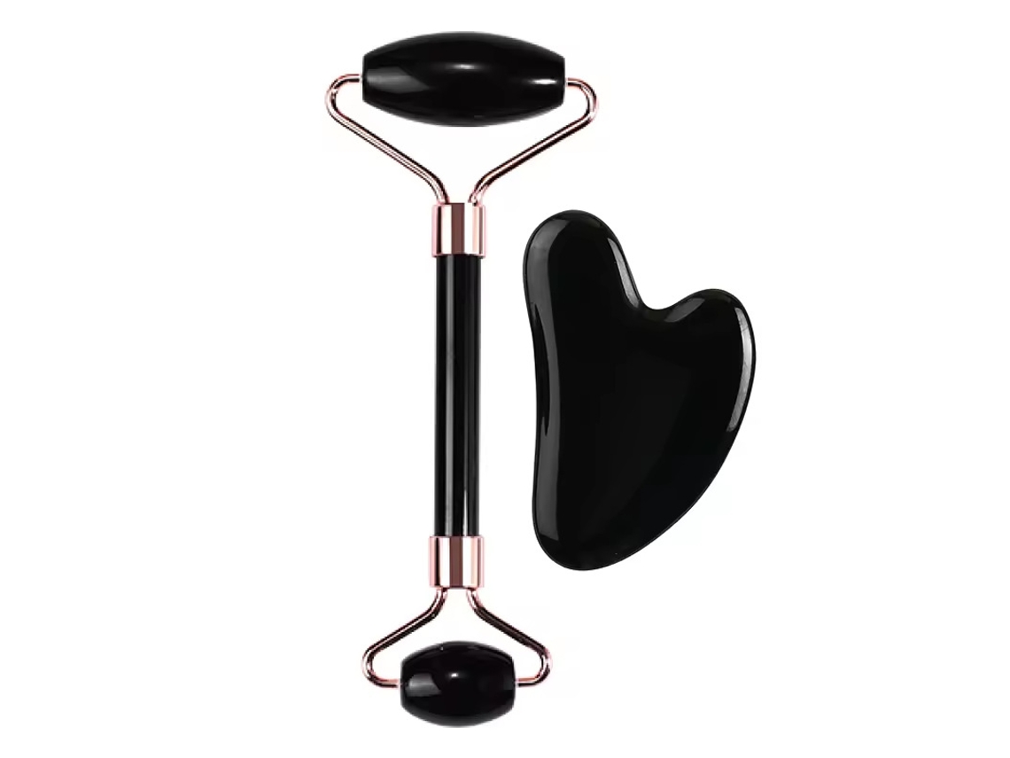 Set de rodillos de masaje facial de jade, reduce la hinchazón, apto para hombres y mujeres, negro PANOONA