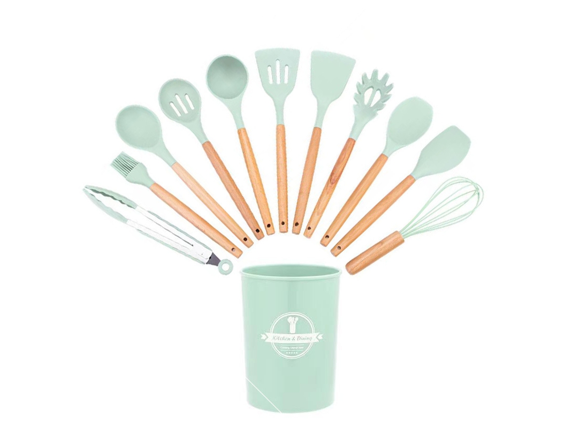 Juego de utensilios de cocina de silicona de 12 piezas, antiadherentes y sin BPA, color verde claro