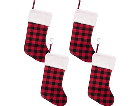 Medias de Navidad - Adorno de medias de Navidad a cuadros rojos y negros de 16.5 pulgadas con puño de felpa, 4 piezas