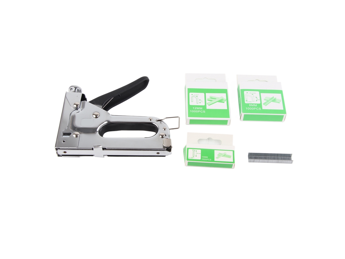 Grampeador manual de alta resistência, fabricado em aço liga resistente ao desgaste, para uso em estofados e interiores.