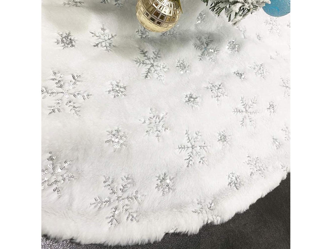 Falda para árbol de Navidad de piel sintética de 122 cm – Blanca con copos de nieve y lentejuelas plateadas, decoración navideña para el árbol.