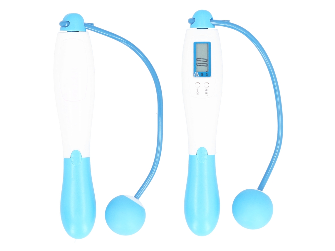 Cuerda para saltar inalámbrica Kklv para fitness en interiores con conteo digital, entrenamiento deportivo, pelota azul y blanca.
