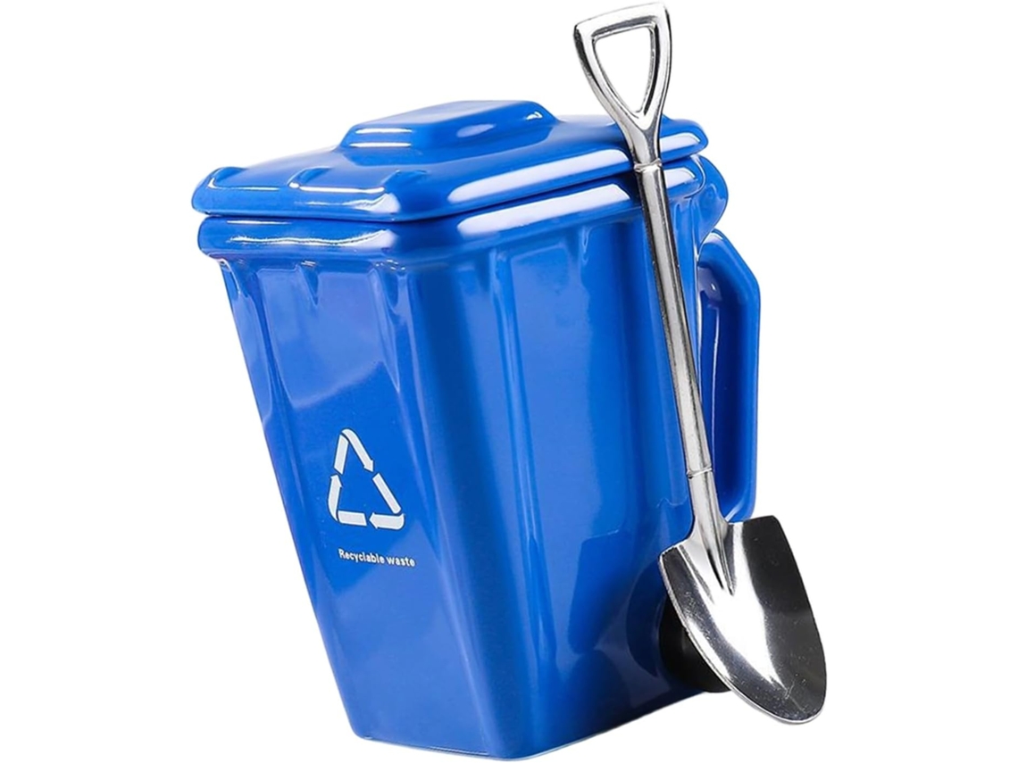 Vaso Cerámica Único Forma Papelera. Incluye Cuchara Para Mezclar Bebidas. Acabado Liso Limpieza
