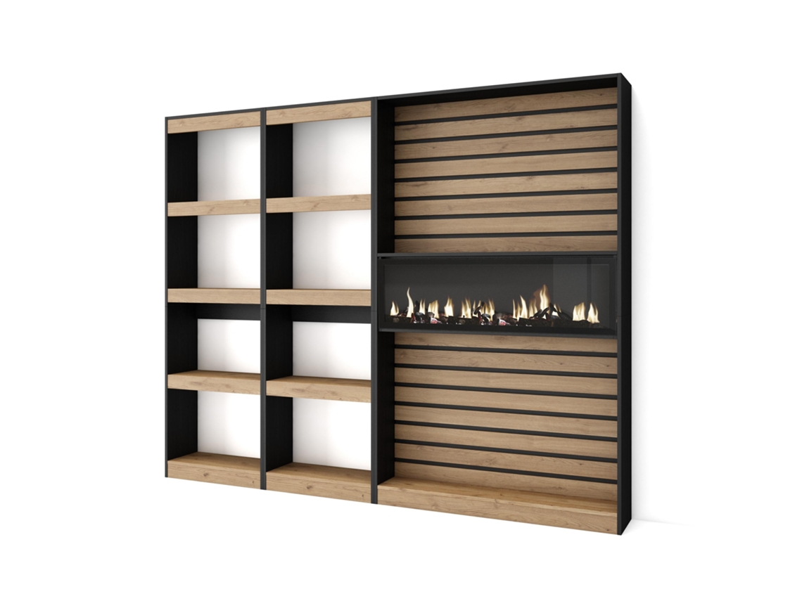 Librería estantería 230x186x25cm Salón Comedor Oficina Chimenea eléctrica Roble y negro