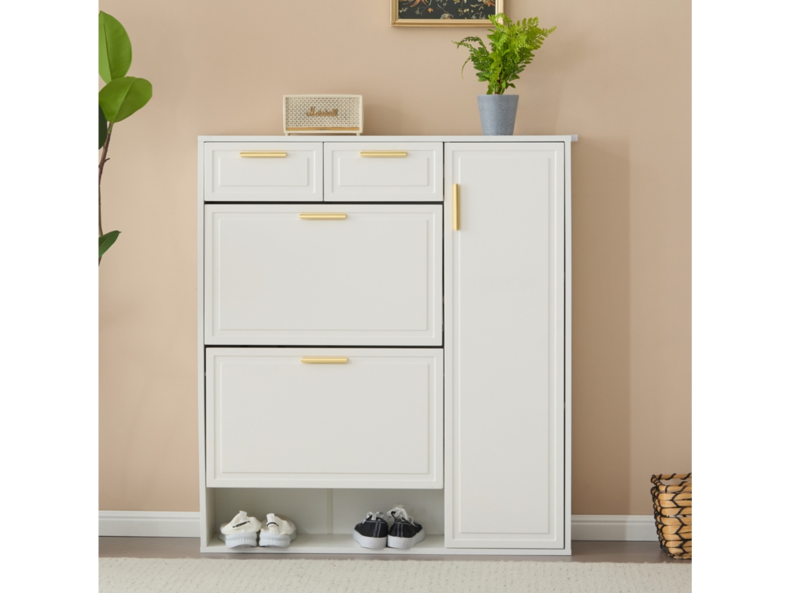 Zapatero con 3 puertas basculantes, 2 cajones y 2 estantes, estilo blanco