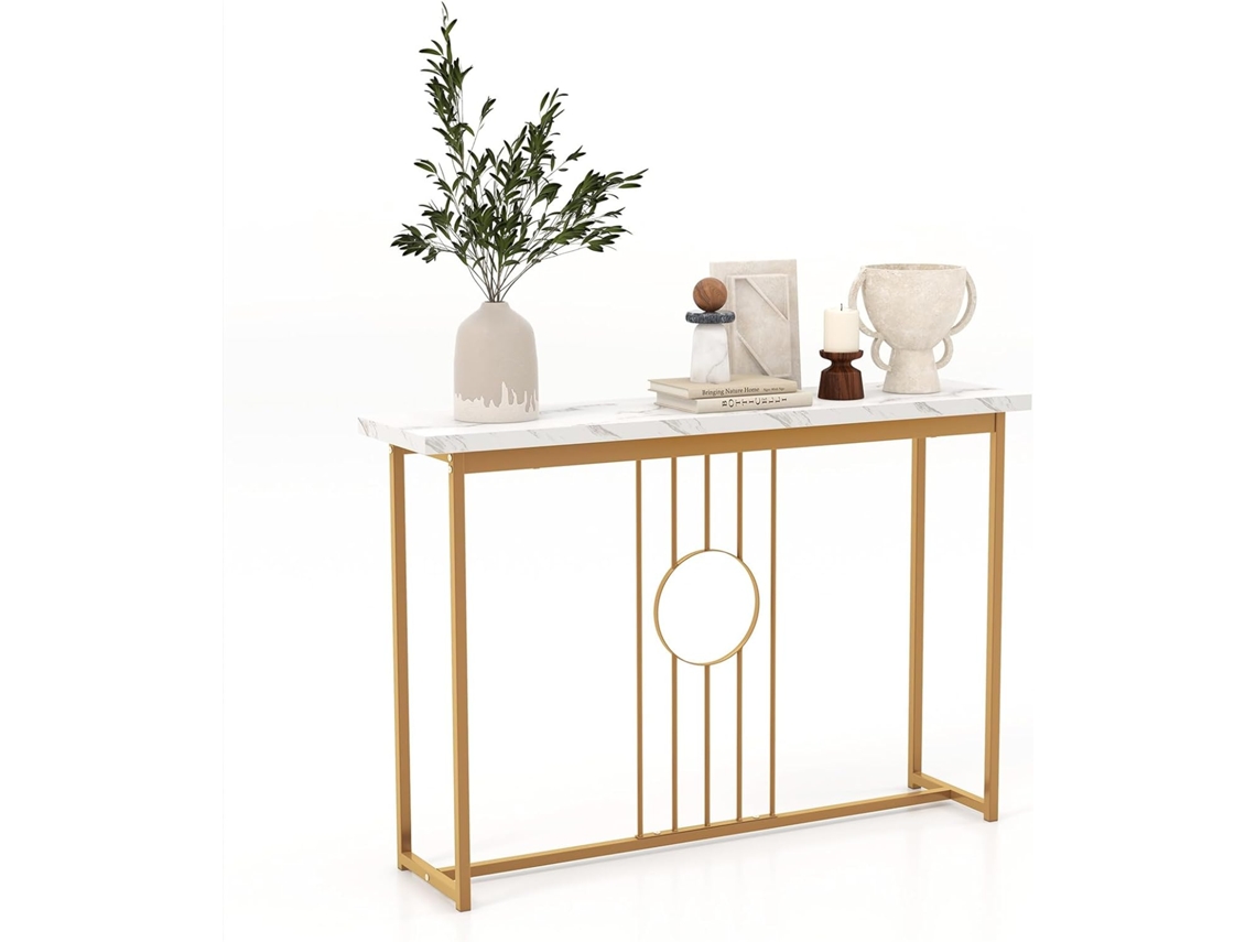 Mesa Consola de 120 cm, Mesa de Entrada Moderna con Tablero de Mármol Falso y Estructura de Metal Resistente, Mesa Auxiliar Larga COSTWAY