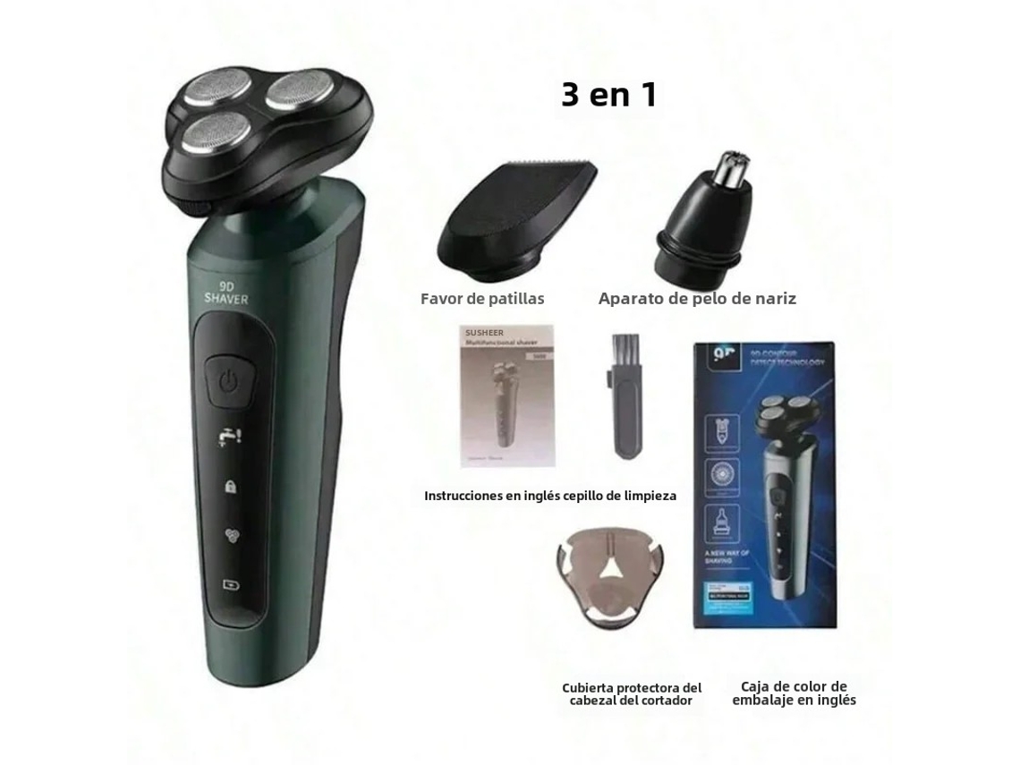 Afeitadora eléctrica, recortadora eléctrica resistente al agua, afeitadora rotativa con batería recargable (3 en 1)
