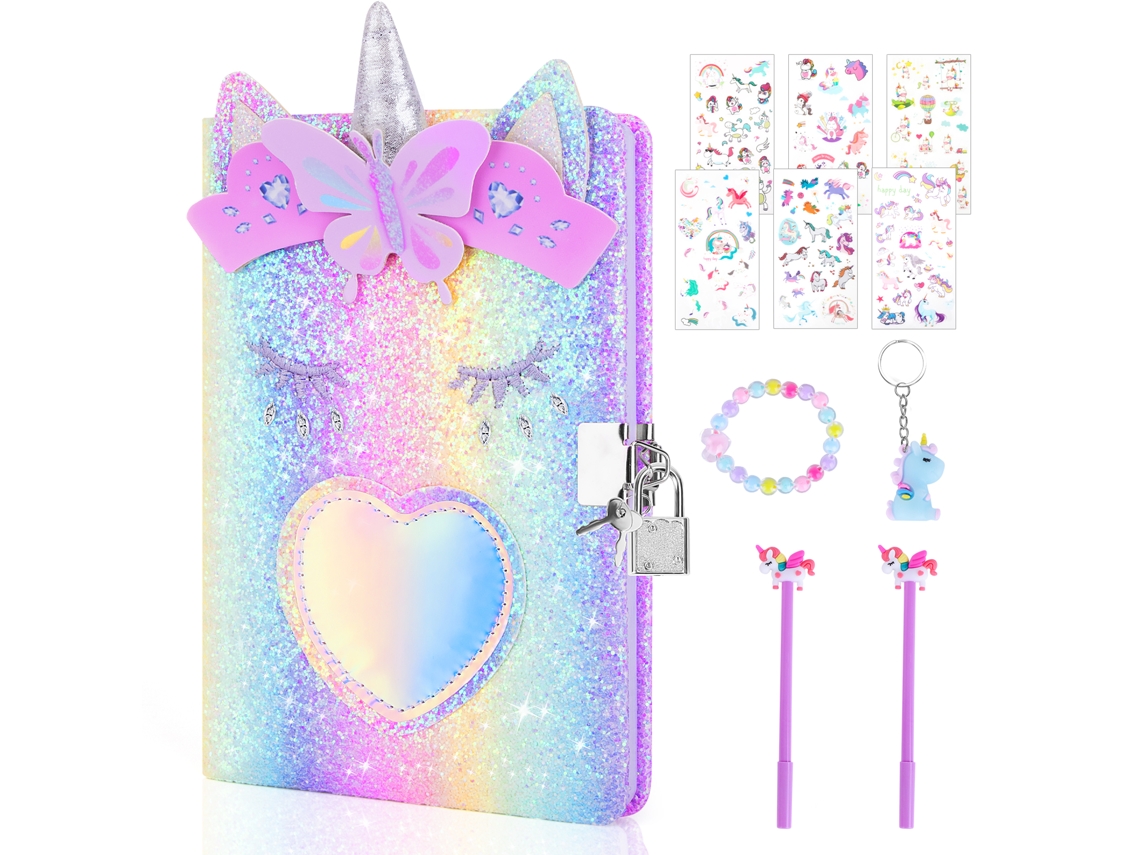 Diario de gato con candado, diario secreto del peluche tie-dye, 160 páginas (juego de unicornio)