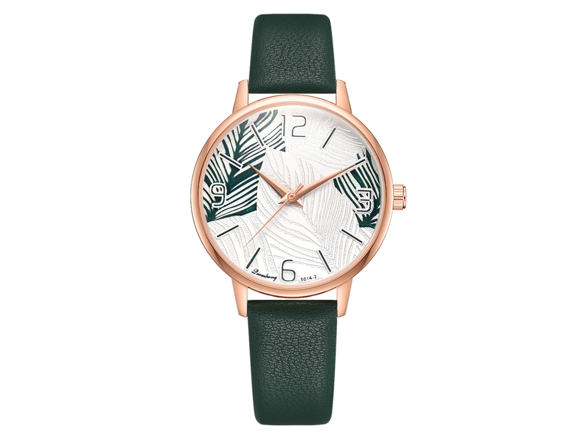 Reloj De Pulsera De Cuarzo Para Mujer Con Correa De Pu, Estampado De Hojas Y Esfera Redonda Verde.