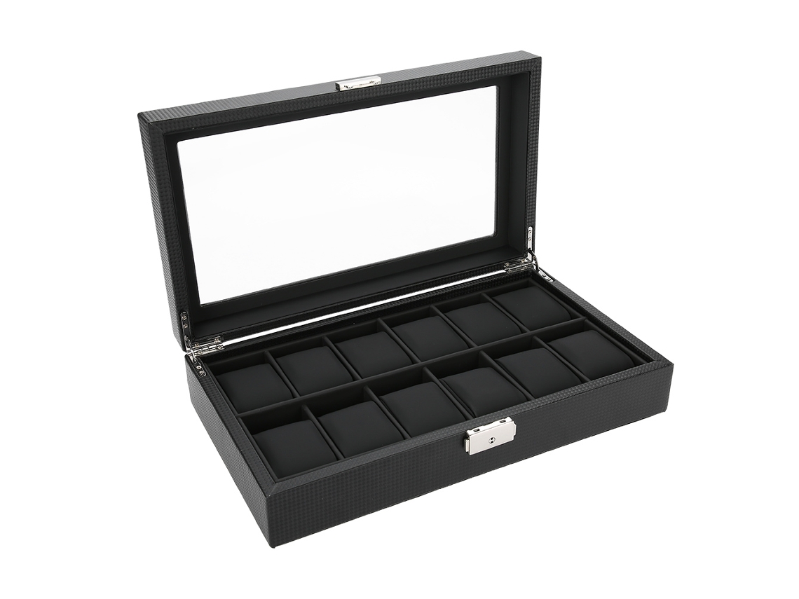 Caja Para Guardar Relojes Con 12 Compartimentos, De Cuero Sintético Negro Y Fibra De Carbono.