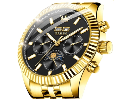 VEANXIN Hombres Automático Lujo Clásico Año/Luna/Fecha/Fase Lunar Reloj Luminoso Impermeable(oro y negro)