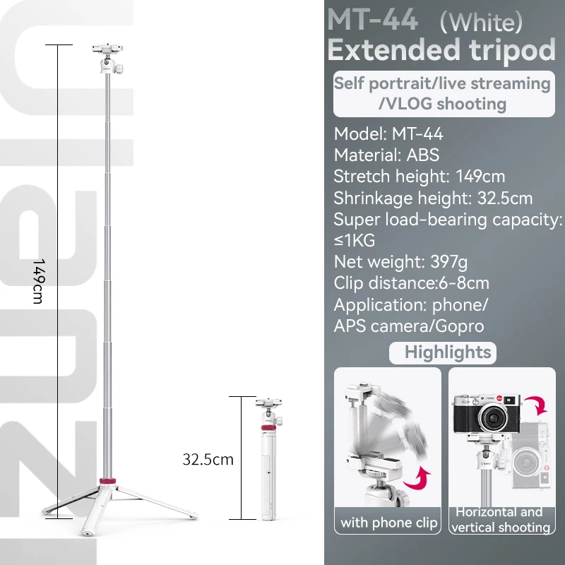 Trípode extensible para transmisión en vivo MT-44, 106,7 cm, con soporte para teléfono móvil, grabación vertical, sin Bluetooth, blanco