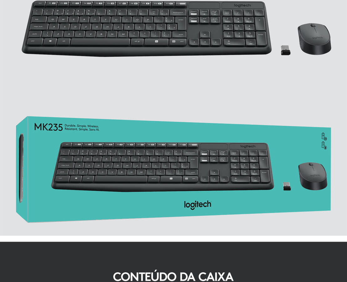 Teclado Logitech Mk235 óptico kit portugues rf negro combo y para windows 24 ghz receptor usb unifying 15 batería de 3 años pcportátil qwerty wireless conjunto