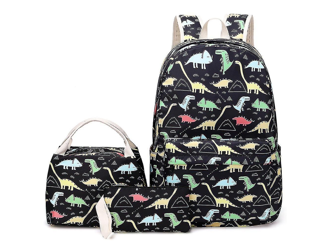 Mochilas para estudiantes, mochila escolar de tres piezas, bolsa térmica negra con estampado de dibujos animados, Chennnls