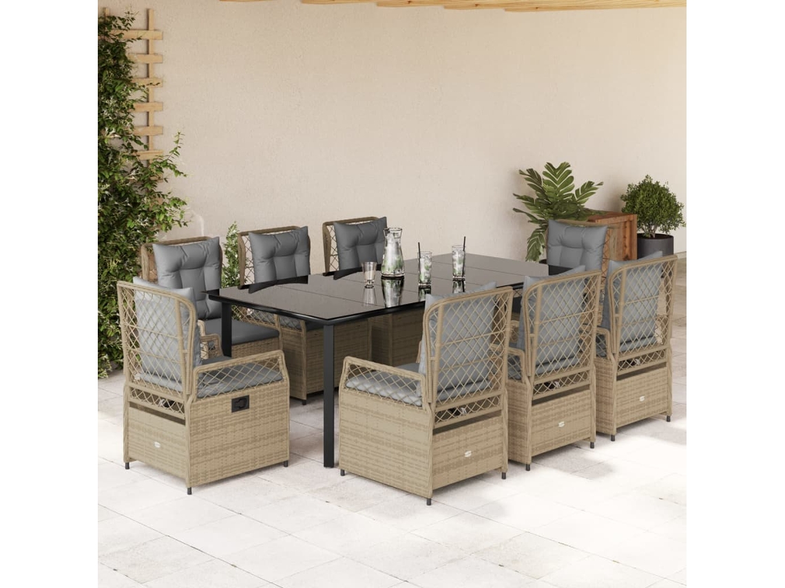 Juego de comedor de jardín de 9 piezas con cojines, mimbre sintético beige, DKD Home Decor