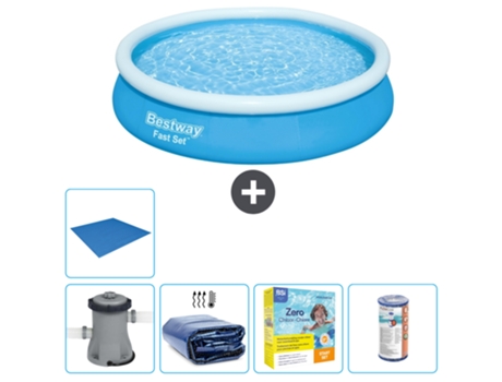 Piscina hinchable redonda Fast Set BESTWAY - 366 x 76 cm - Azul - Bomba incluida Vela solar - Paquete de mantenimiento - Filtrar - Suelo