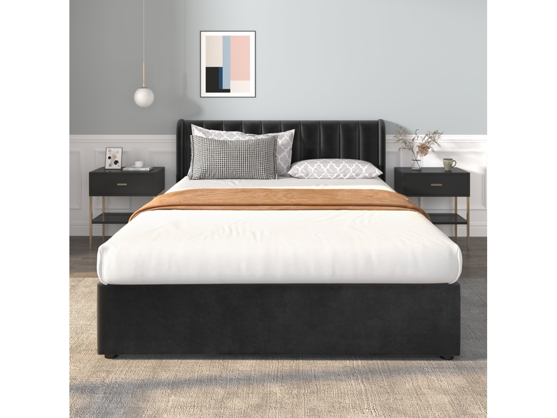 Cama Doble 160x200 Cm De Terciopelo, Incluye Base De Somier, 2 Cajones, Cabecero Acolchado, Negro