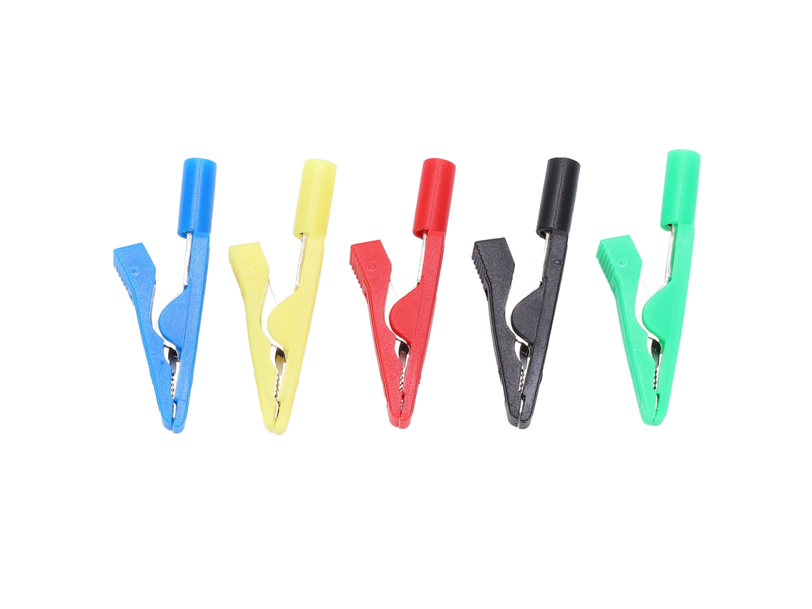 Pinza De Cocodrilo U16 De 2 Mm Con Punta De Aguja, Color Rojo, Negro, Amarillo, Verde Y Azul, Aislada Para Pruebas Eléctricas.