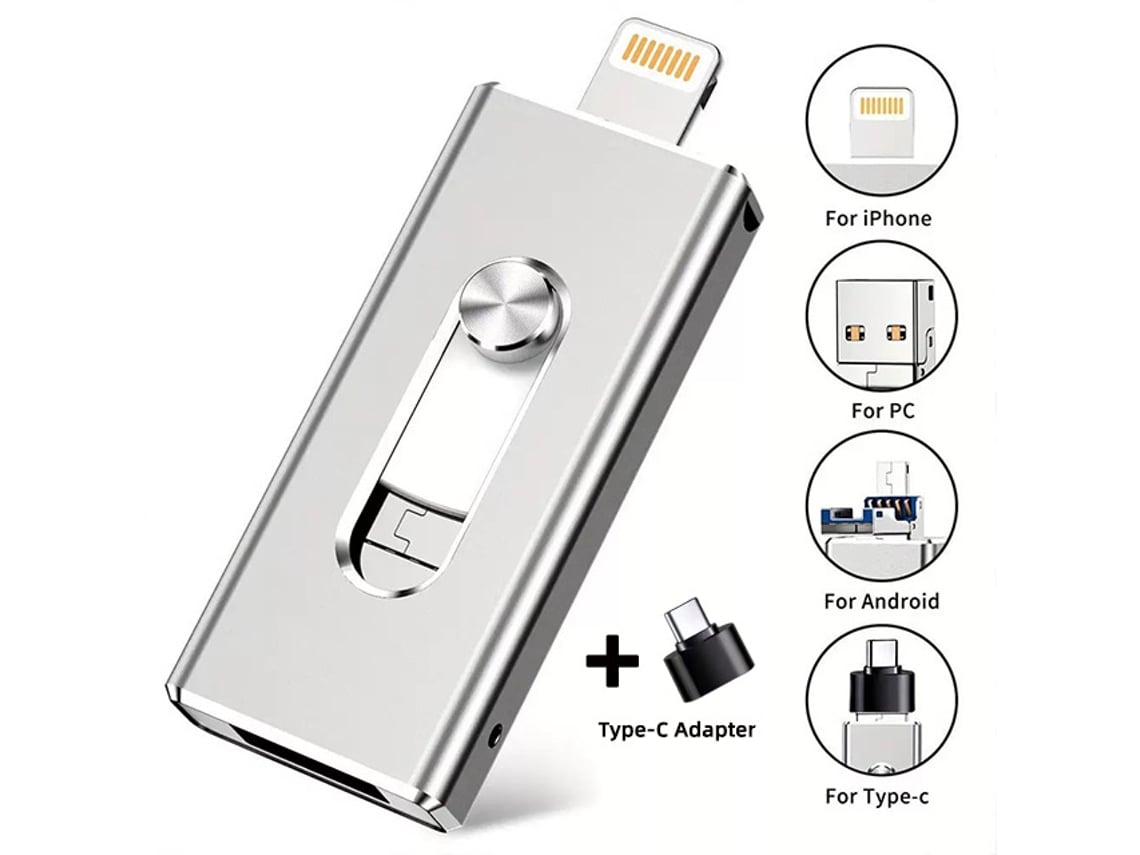 Memoria USB de 128 GB USB 3.0, Lightning/USB-C/USB-A para Android/iPhone/PC, Metalotg Plata Hexinyigjly
