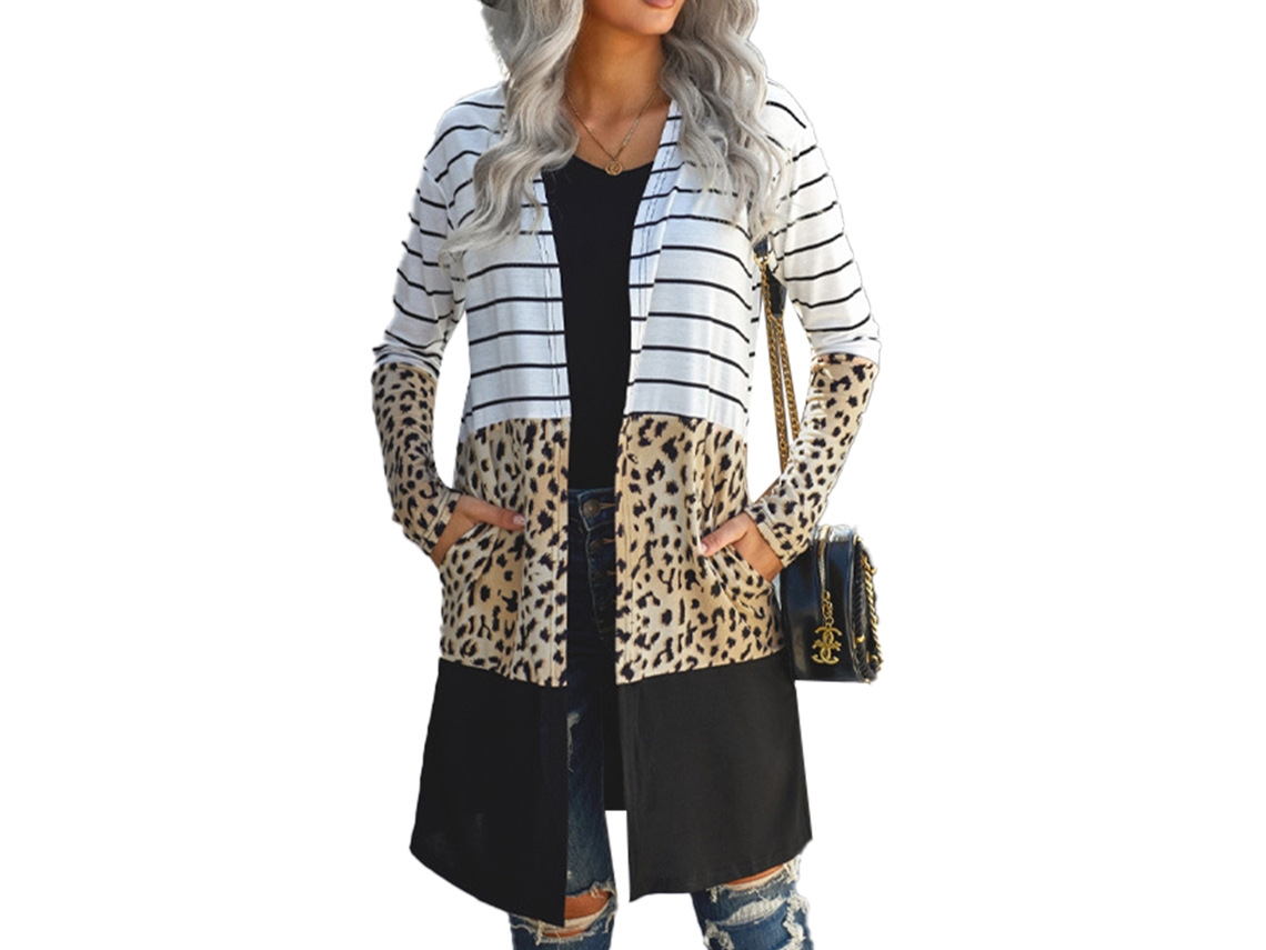 Rebe-cardigan Para Mulher Com Manga Longa, Estampado A Riscas E Blocos De Cor, Solto E Fino, Ideal Para Outono, Estampado De Leopardo Pequeno