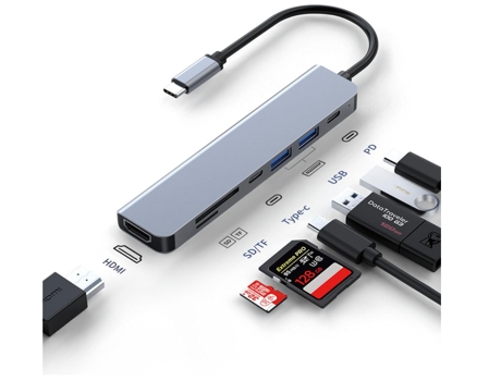 Hub USB C Adaptador multipuerto USB C Estación de acoplamiento 7 en 1 Aleación de aluminio USB C a HDMI Hub Dongle Lector de tarjetas SD/TF (gris) ...