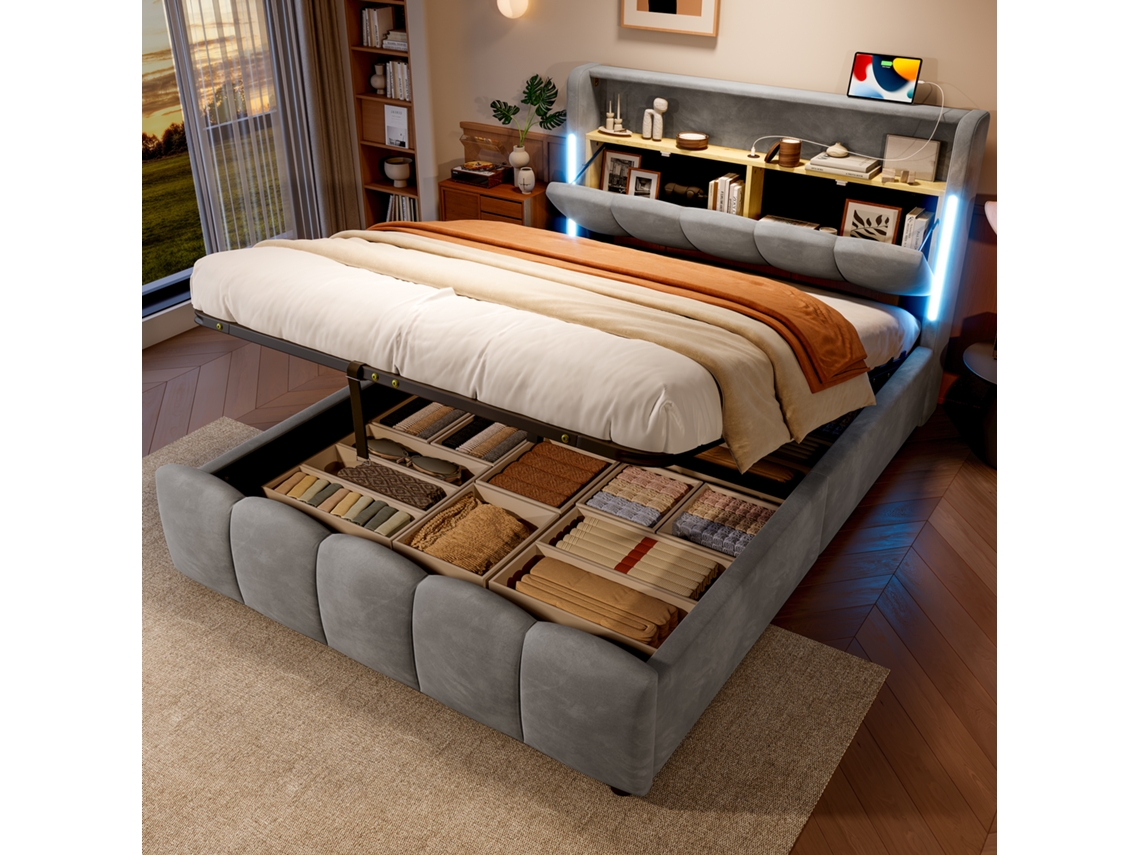 Cama Tapizada 140x200 Cm Con Led, Cabecero Con Almacenamiento, Hidráulica, Usb Y Usb-c, Terciopelo Gris, Colchón No Incluido.
