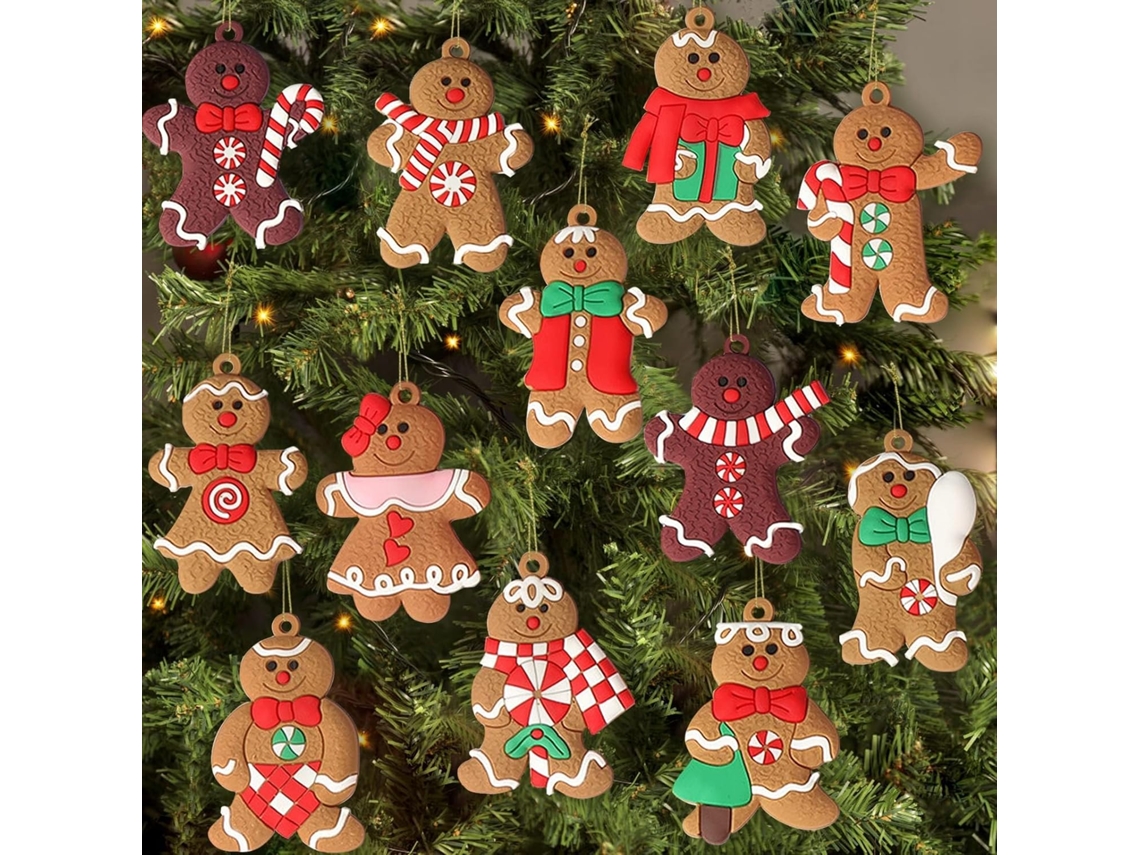 12 adornos de plástico de hombre de jengibre – Decoraciones para árbol de Navidad de 7,6 cm