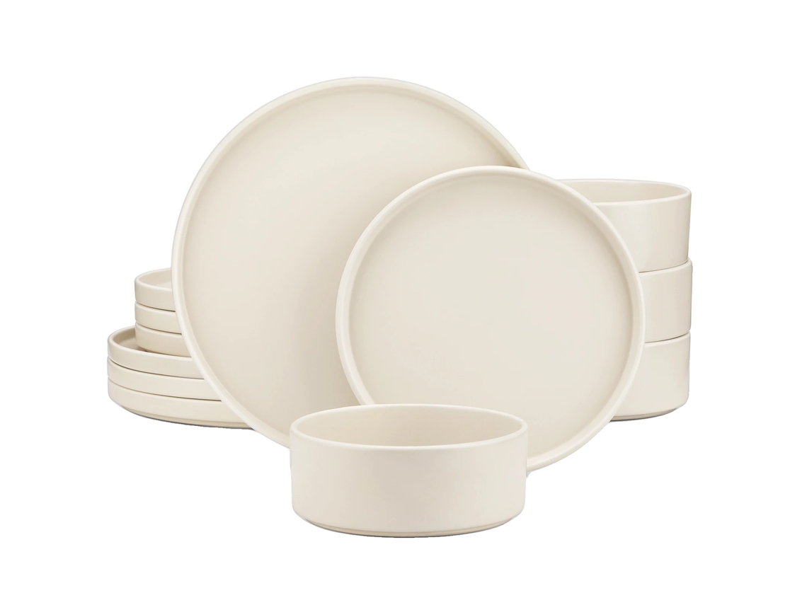 Juego de vajilla de piedra, material ecológico, diseño elegante, blanco crema, 36 piezas
