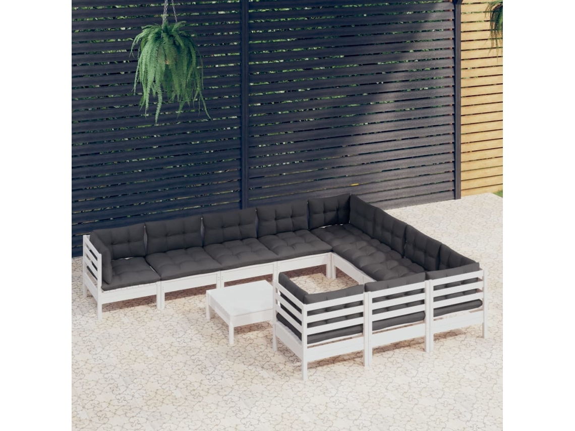 11 Piezas Conjunto Lounge De Jardim C/ Almofadões Pinho Branco Dkd Home Decor
