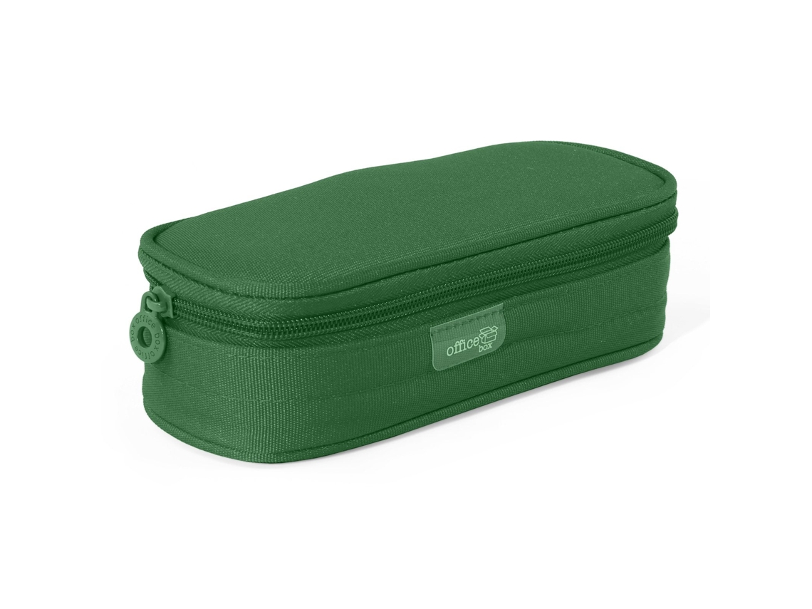 Estuche escolar mega multiusos ovalado con solapa. Caja de oficina verde