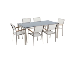 Conjunto de jardín mesa en vidrio negro 180 cm, 6 sillas blancas BELIANI Grosseto