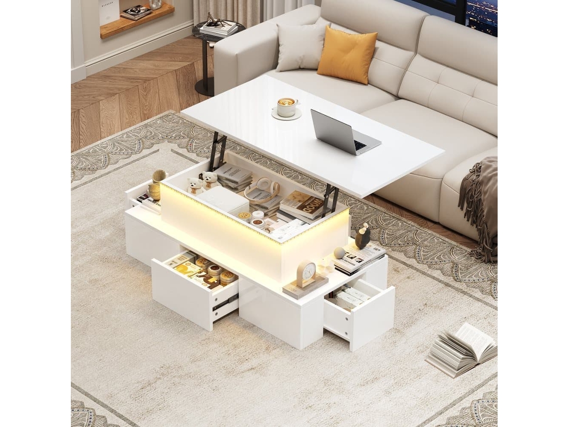 Mesa De Centro Elevable 100x50x40 Cm - Con 4 Cajones, Led, Almacenamiento Oculto - Blanco, Mdf