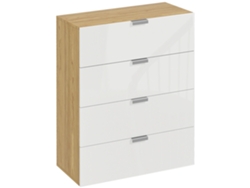 Cómoda De Madera Con 4 Cajones, Acabado Blanco Natural Brillante.