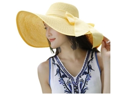 Sombrero De Paja Amarillo Plegable Para Mujer Con Nudo Grande, Ideal Para La Playa Y Para Protegerse Del Sol - Verano