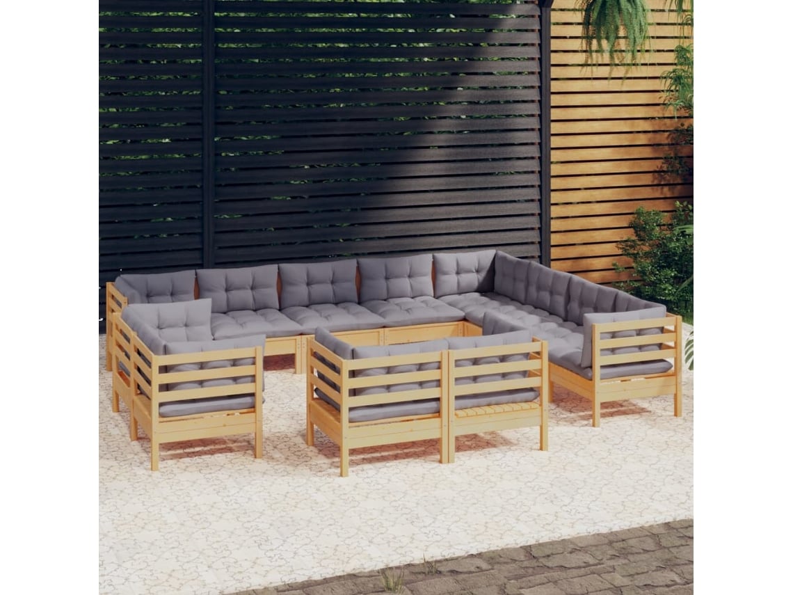 Conjunto de salón de jardín de 12 piezas con cojines grises en pino macizo DKD Home Decor