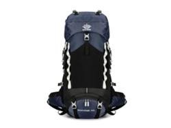 Mochila deportiva moderna fabricada en nylon, con una gran capacidad de 60 litros, ideal para montañismo y acampada, en color azul oscuro.
