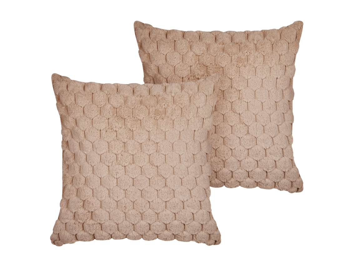 Conjunto De 2 Almofadas Decorativas Beliani Purslane De Pelo Sintético Creme 43x43x10