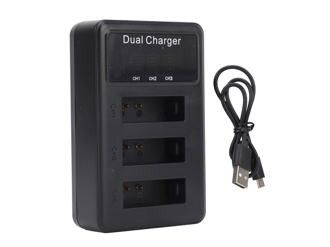 Cargador de batería para cámara Nb-13l con 3 ranuras, puerto micro USB y pantalla LCD.