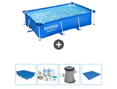 Piscina BESTWAY Rectangular Steel Pro - 259 x 170 x 61 cm - Azul - Incluida Cubrir - Paquete de mantenimiento - Bomba - Suelo