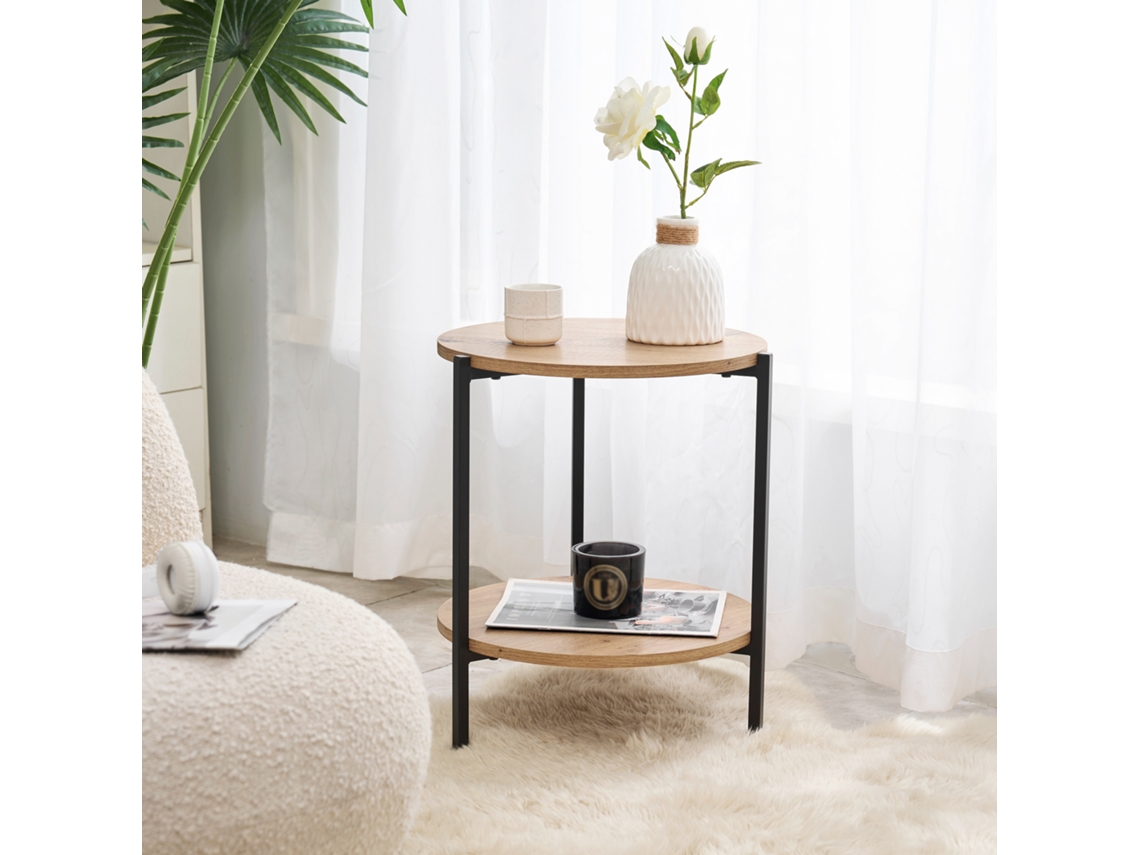 Mesa auxiliar Kuopio con estante metal/MDF 50 x Ø40 cm Efecto madera y Negro [EN.CASA]