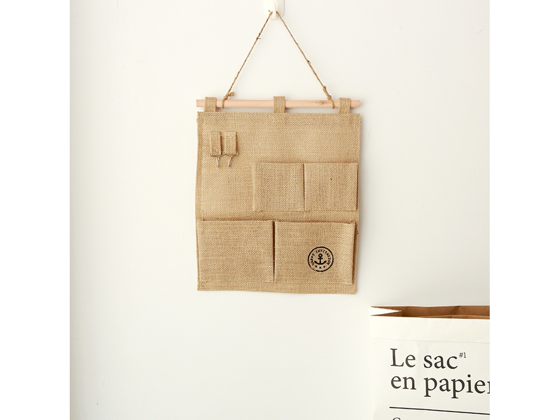 Bolsa colgante de yute, organizador de artículos de tocador con 5 compartimentos, bolsa de almacenamiento