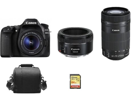 Cámara Reflex CANON EOS 80D + Objectivo EF-S 18-55MM F3.5-5.6 IS STM + Objectivo EF-S 55-250MM F4-5.6 IS STM + Objectivo EF 50MM F1.8 STM + Tarjeta...