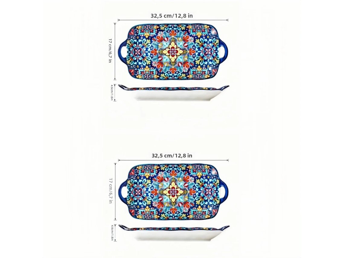 (2 Piezas, Azul Oscuro) Platos De Cena En Forma De Pez De Cerámica De Estilo Bohemio, Rectangulares De 12,8 Pulgadas, Calentables.